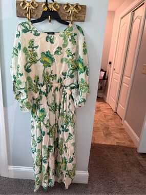 Boho Floral Maxi Dress in White & Green